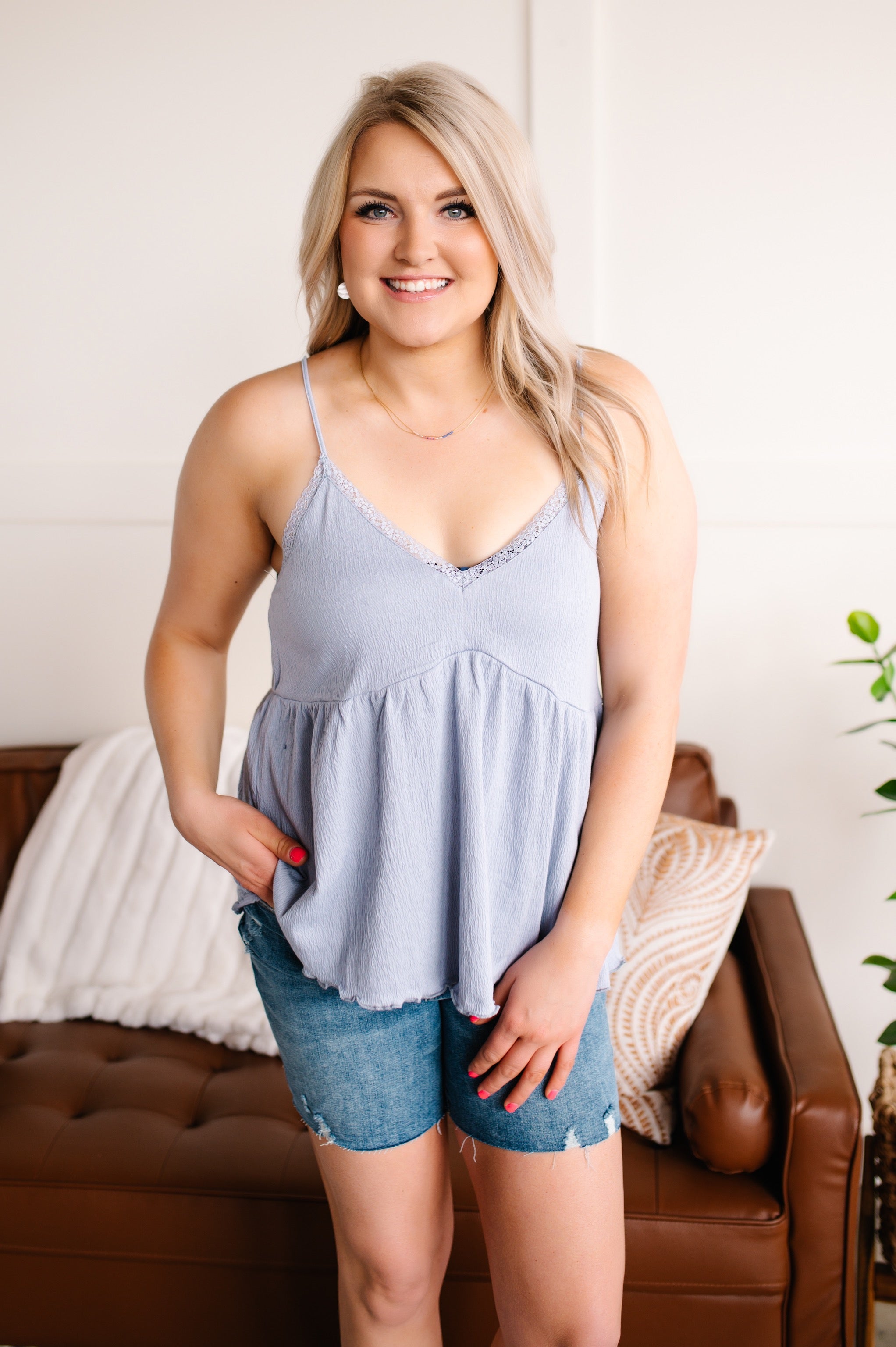 Spring Into Action Delicate Babydoll Top in Soft Periwinkle