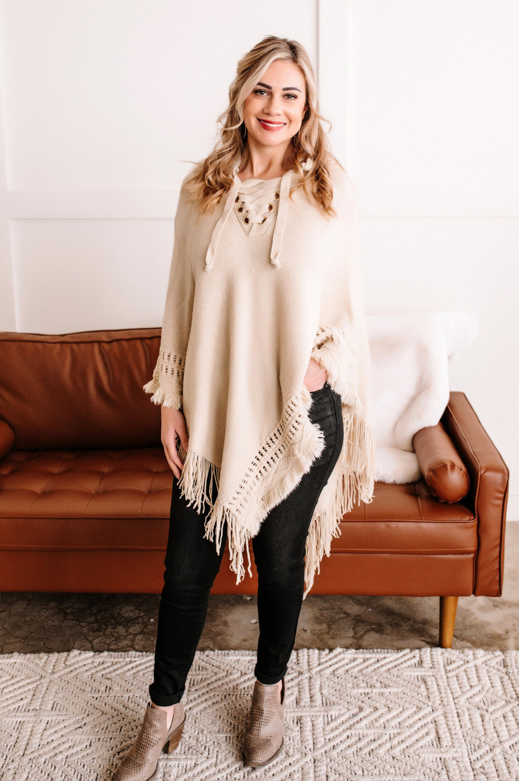 Lace Up Sweater Poncho In Vanilla