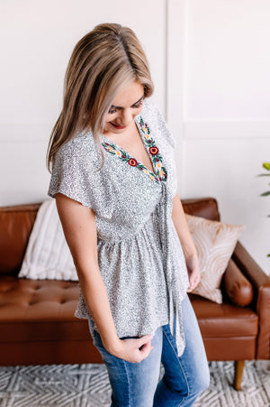 Take The Plunge Embroidered Micro Dot Blouse