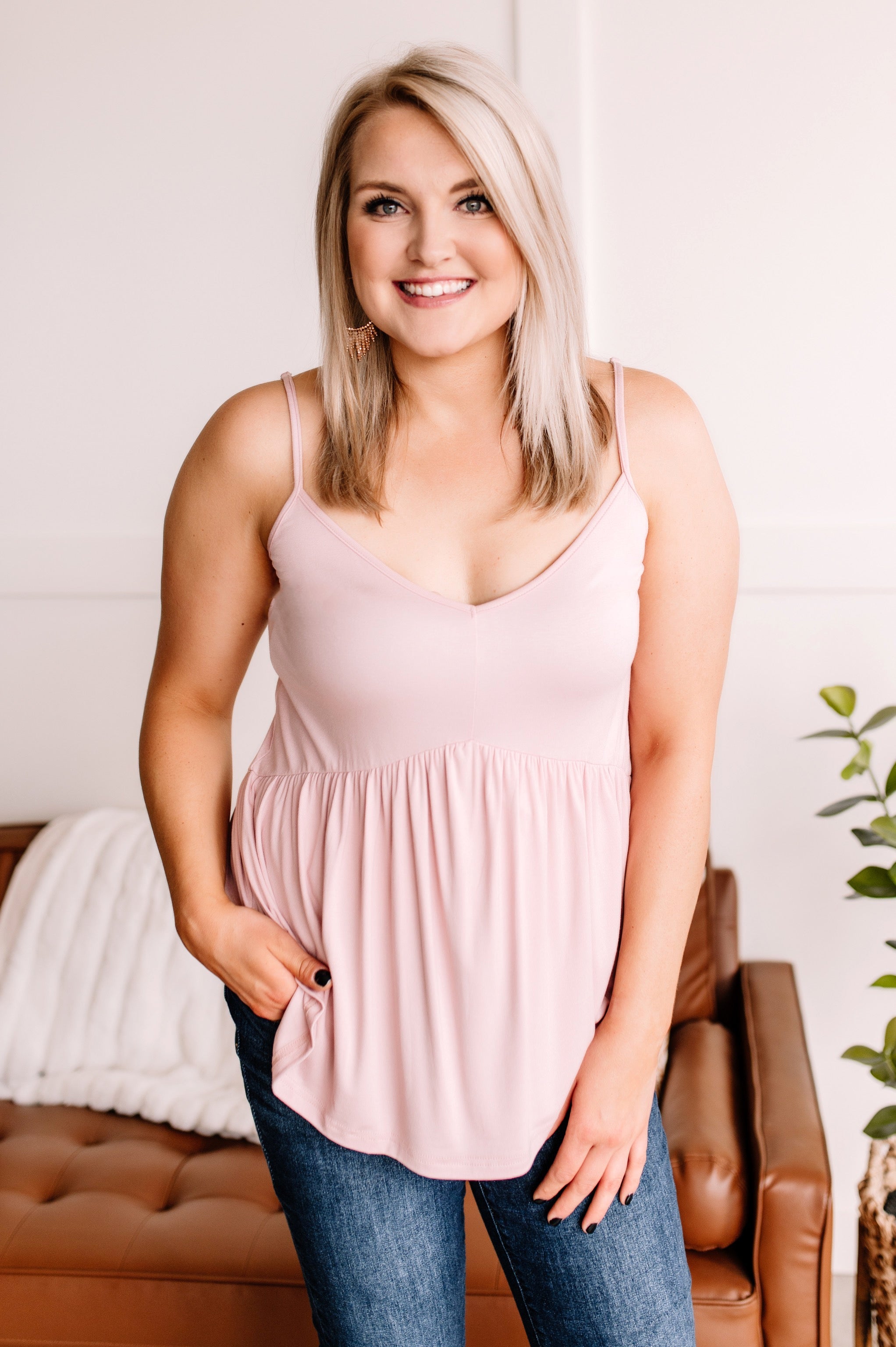 On The Hunt Babydoll Tank Top In Blush Pink