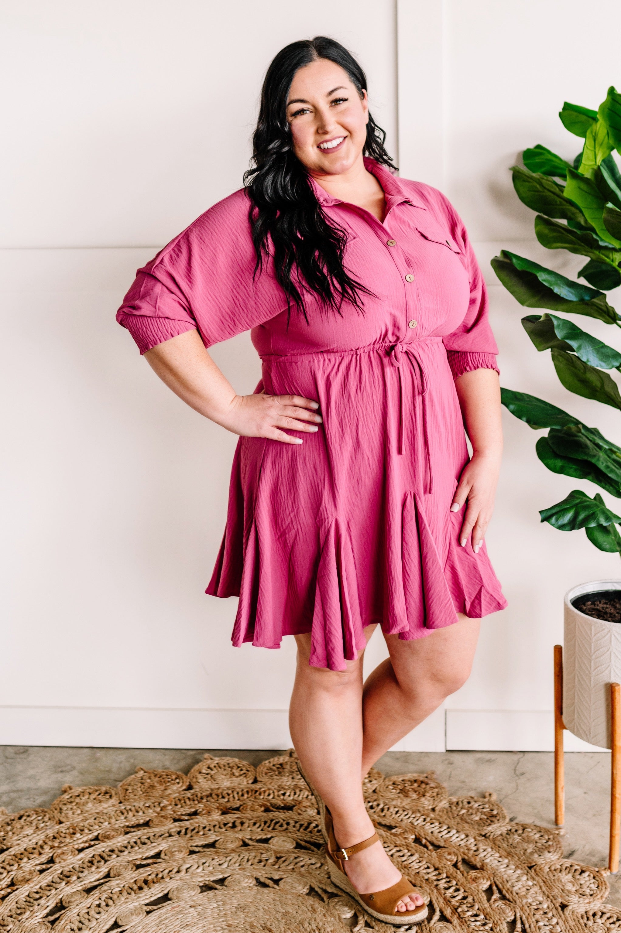 Button Front Flare Dress In Rose
