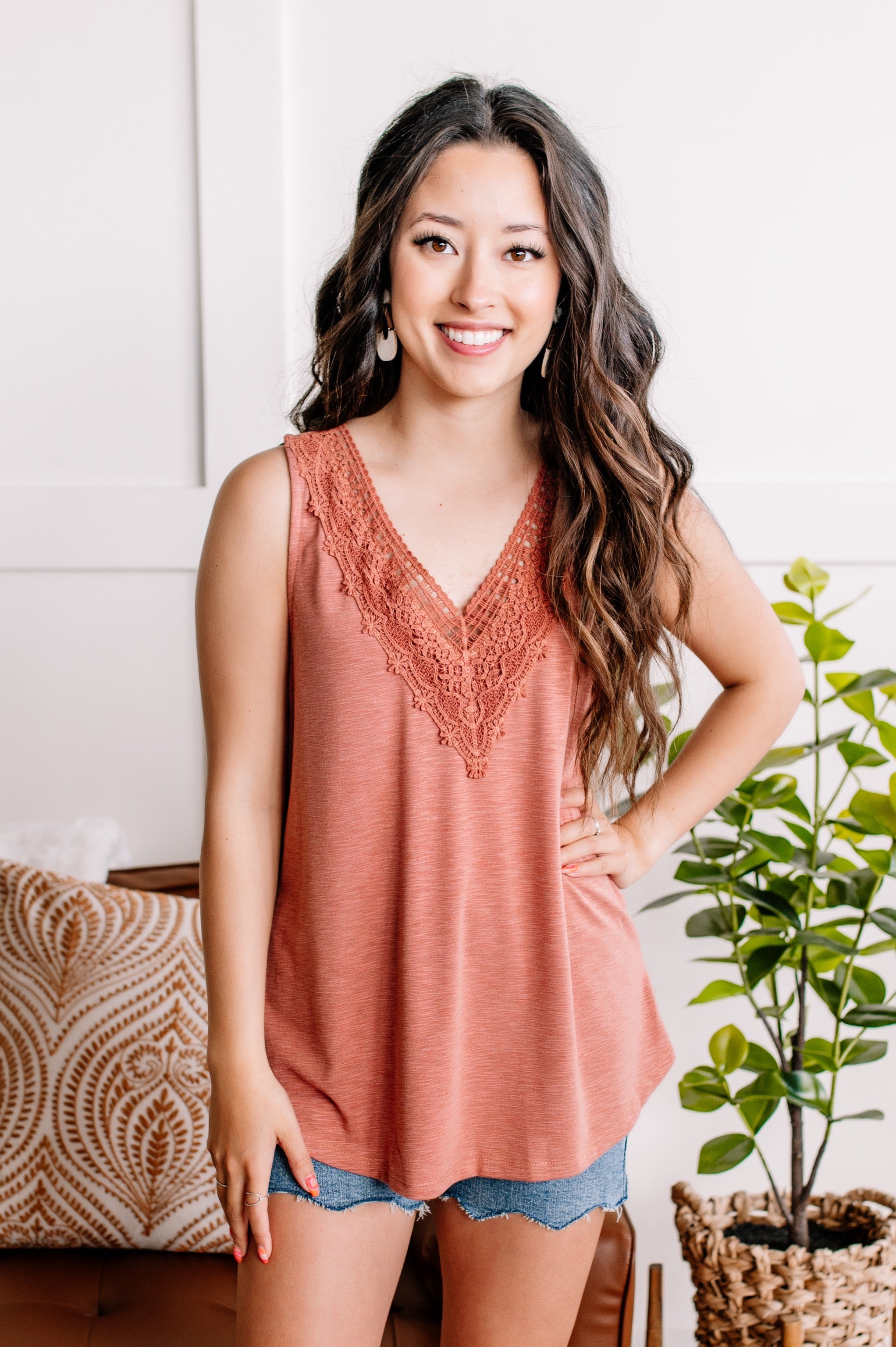 A Million Miles Crochet V Neck Sleeveless Top In Subdued Sienna