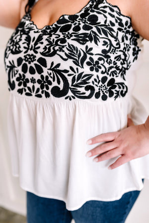 Savanna Jane Embroidered Tie Shoulder Top In Black & White