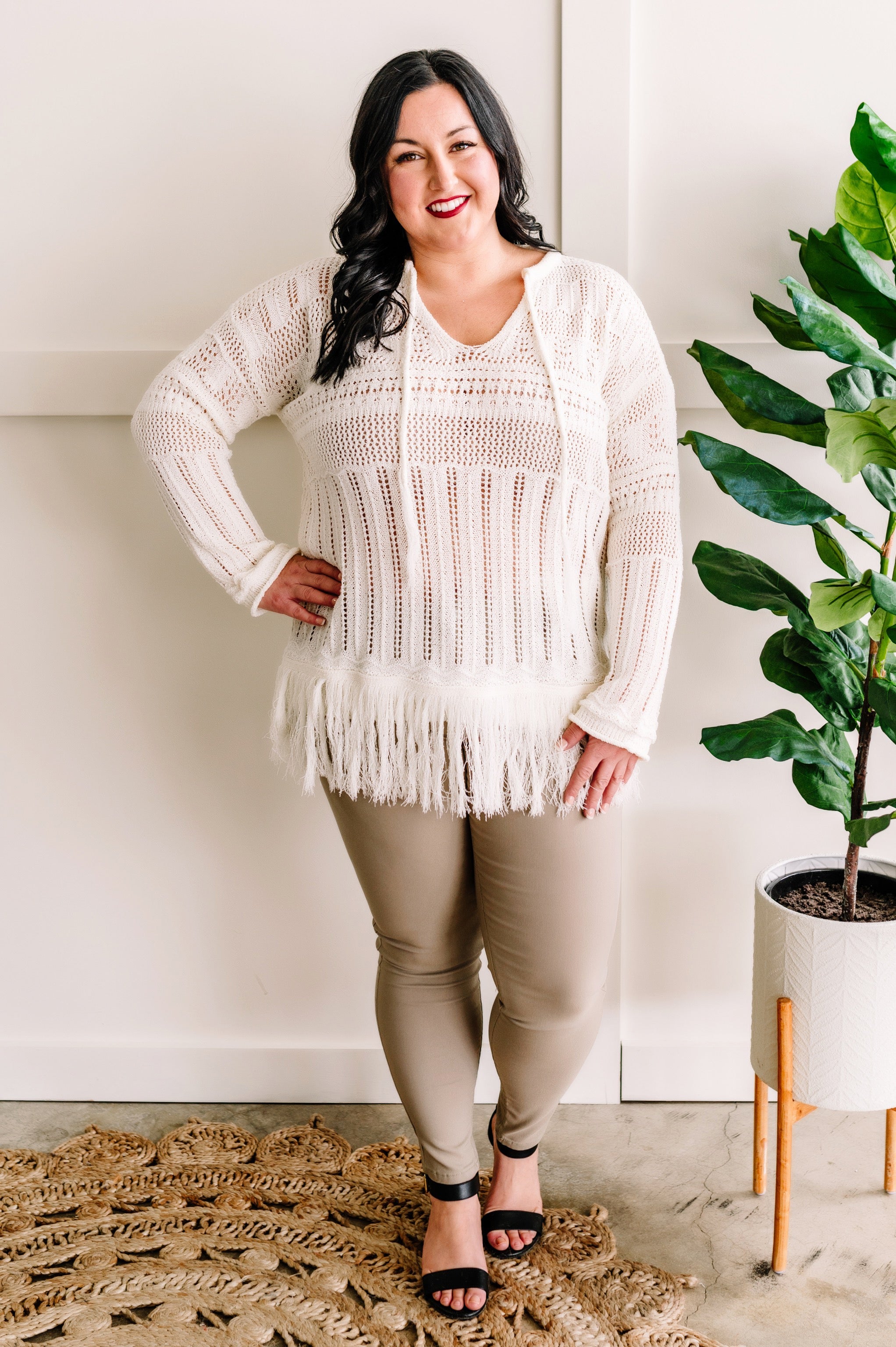 Crochet Open Knit Cover Up With Fringe Hem In Soft Neutral