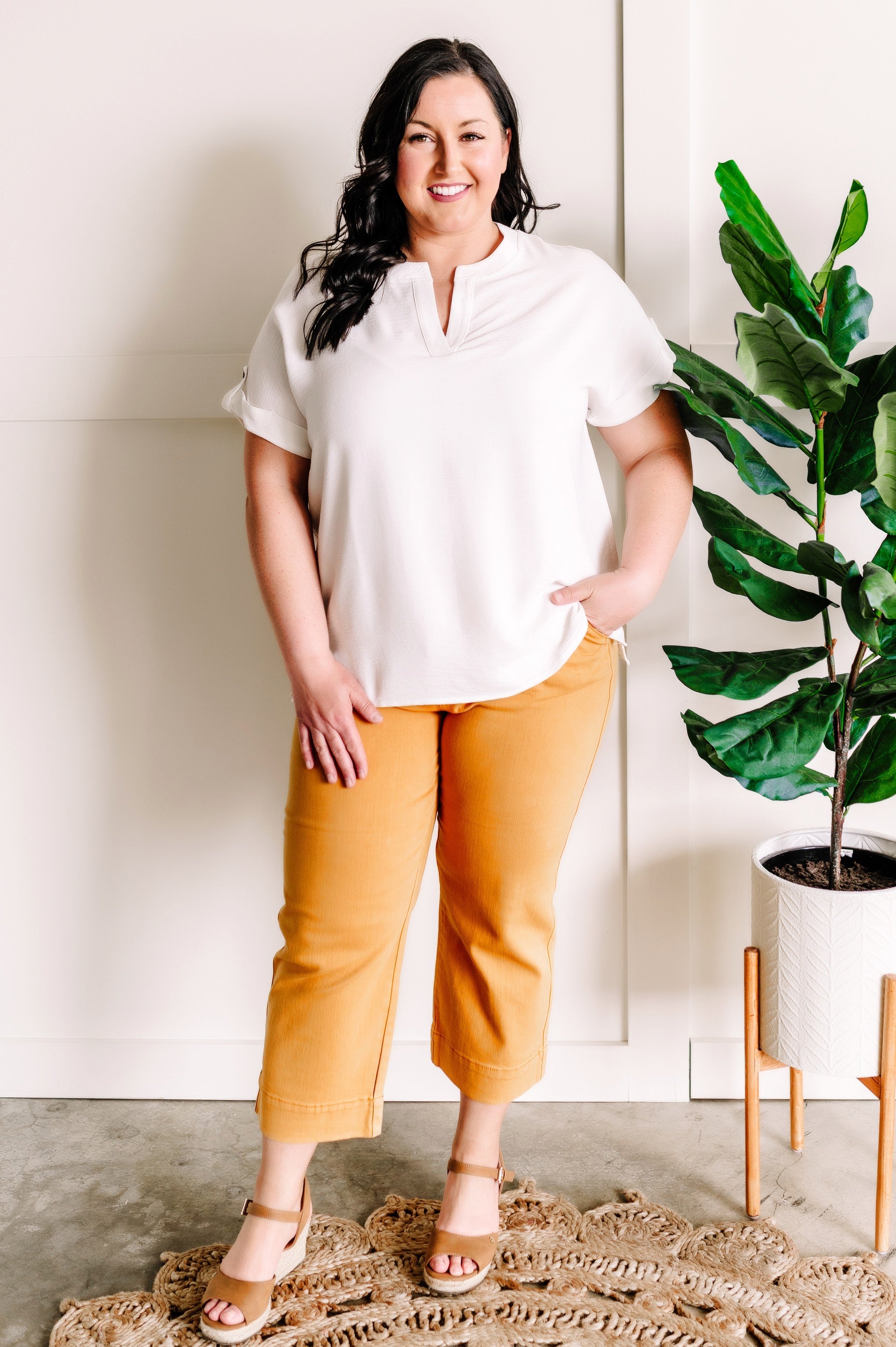 Button Sleeve Gabby Top In White Cotton