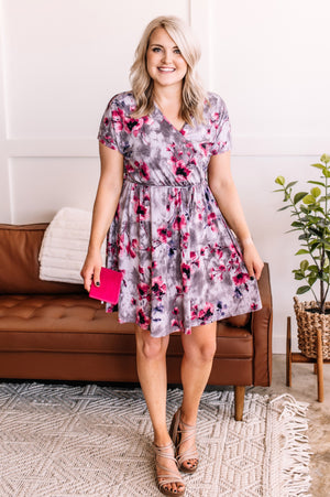 Time to Bloom Dress In Magenta & Grey