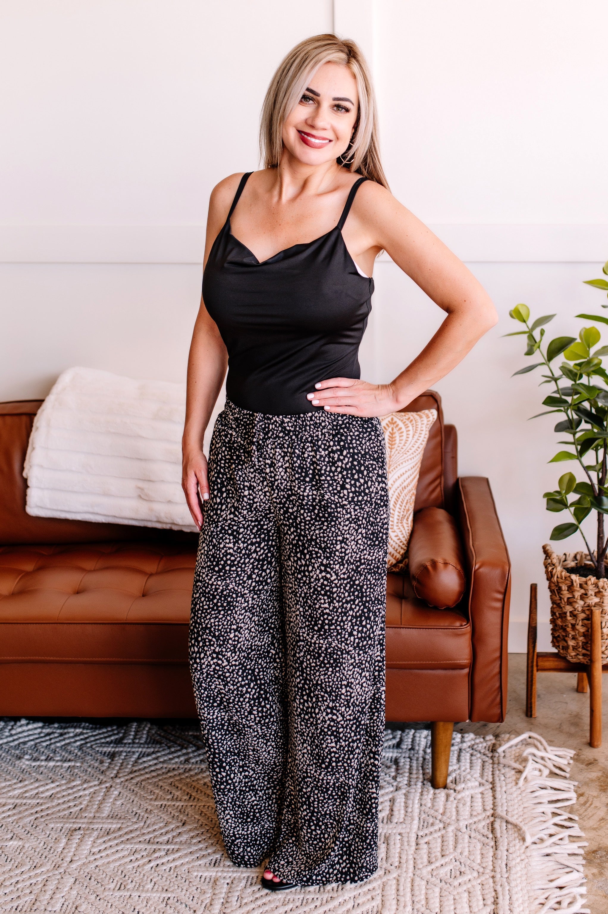 Keep It Sassy Dress Pants In Black & Taupe Ditsy Dot