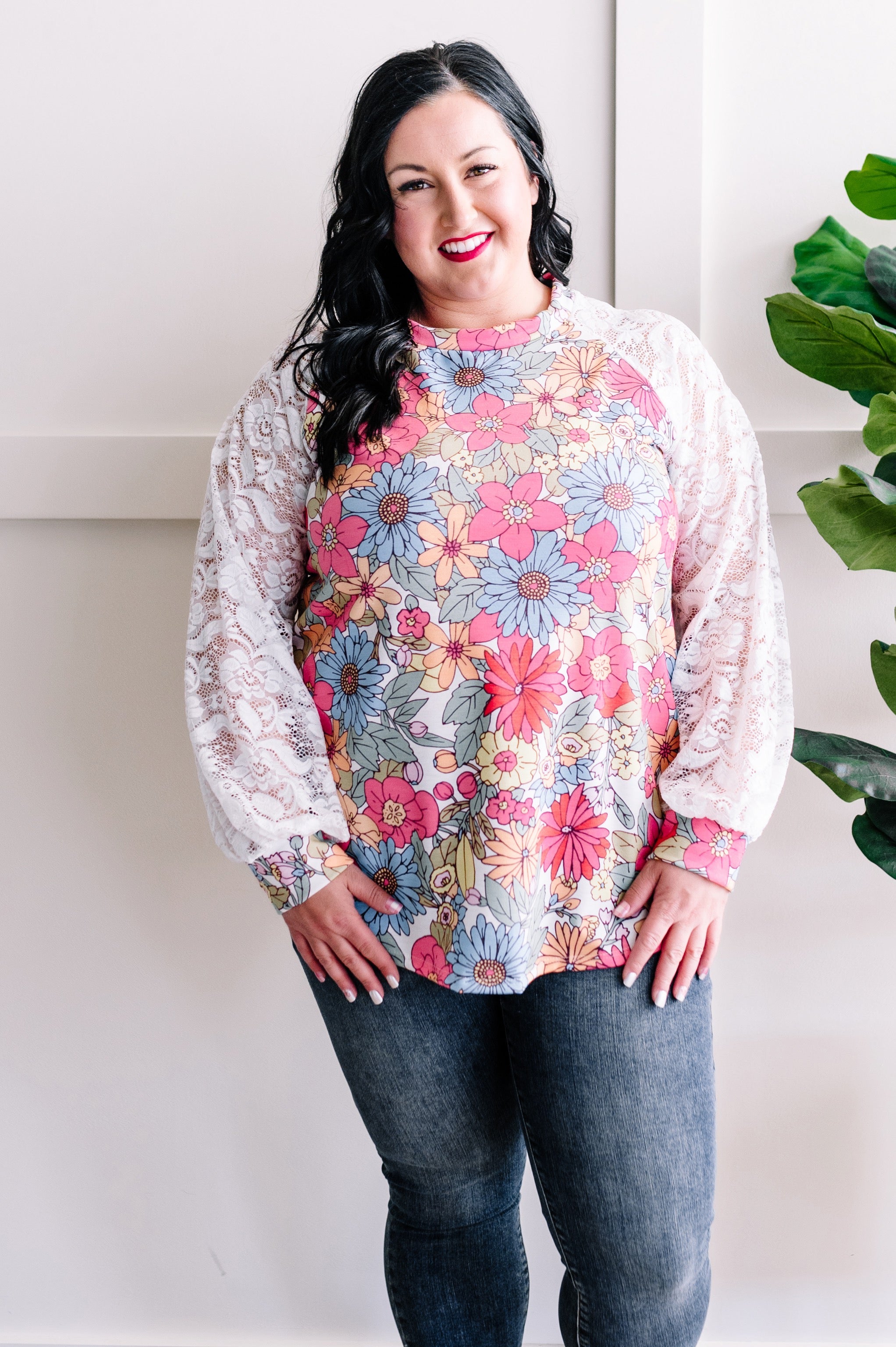 Lace Detailed Sleeve Top In Summertime Florals