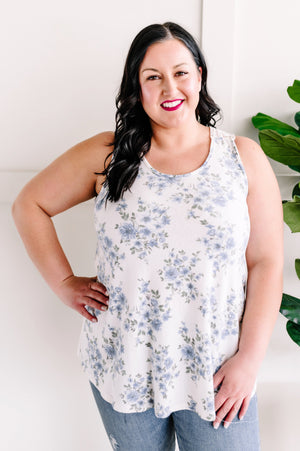 Lace Back Sleeveless Top In Blue Blossom
