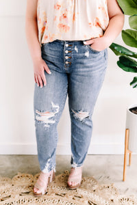 High Waisted Button Fly Destroyed Boyfriend Judy Blue Jeans