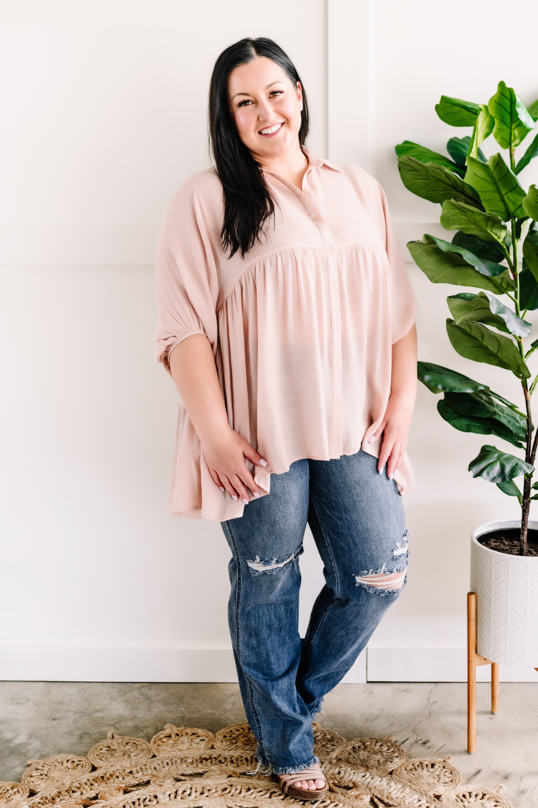 Tiered Bohemian Button Down Blouse In Soft Blush