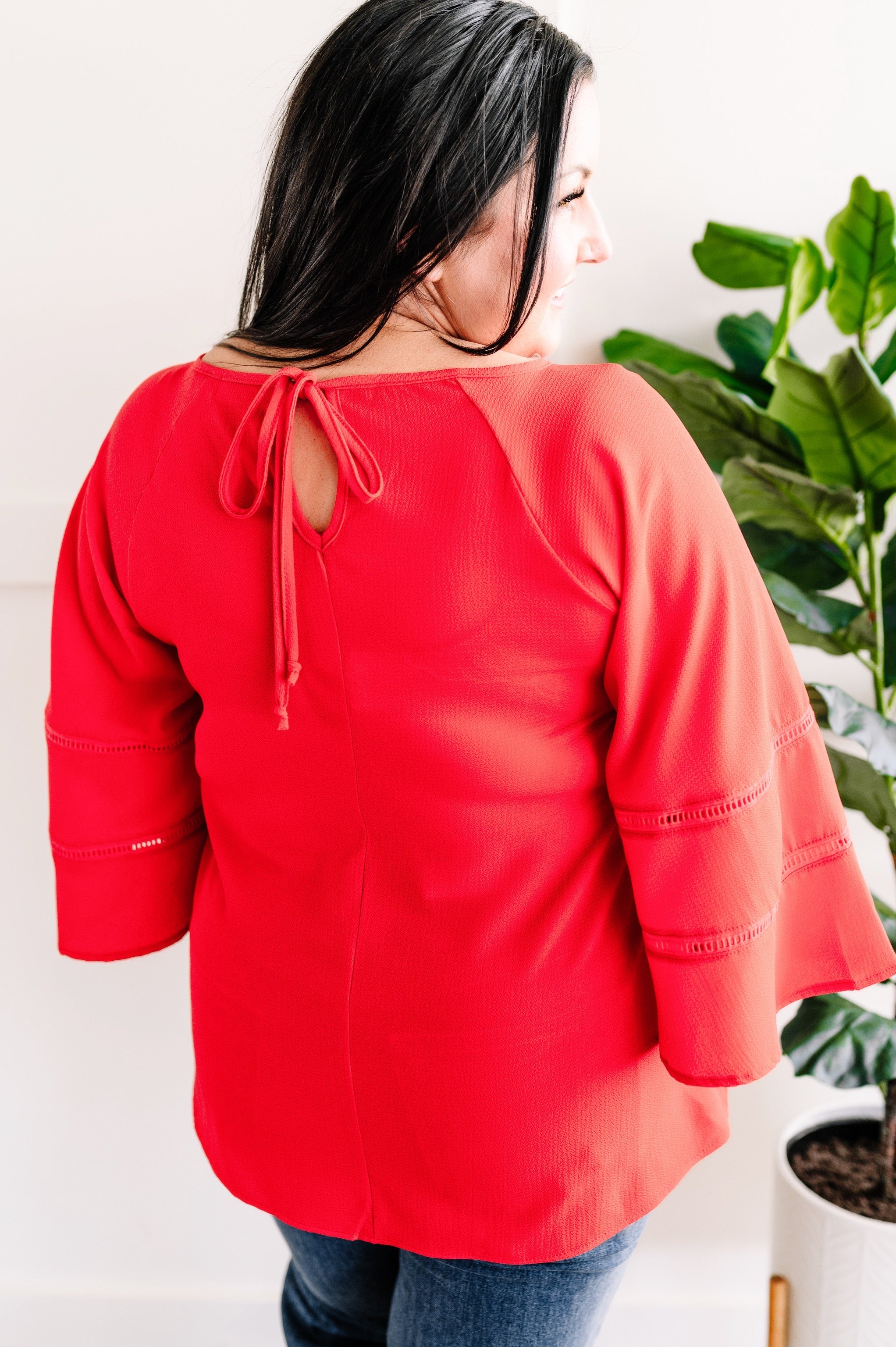 Bell Sleeve Blouse With Tie Back Detail In Scarlet