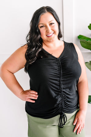 Together At Last Ruched Front Sleeveless Top In Black