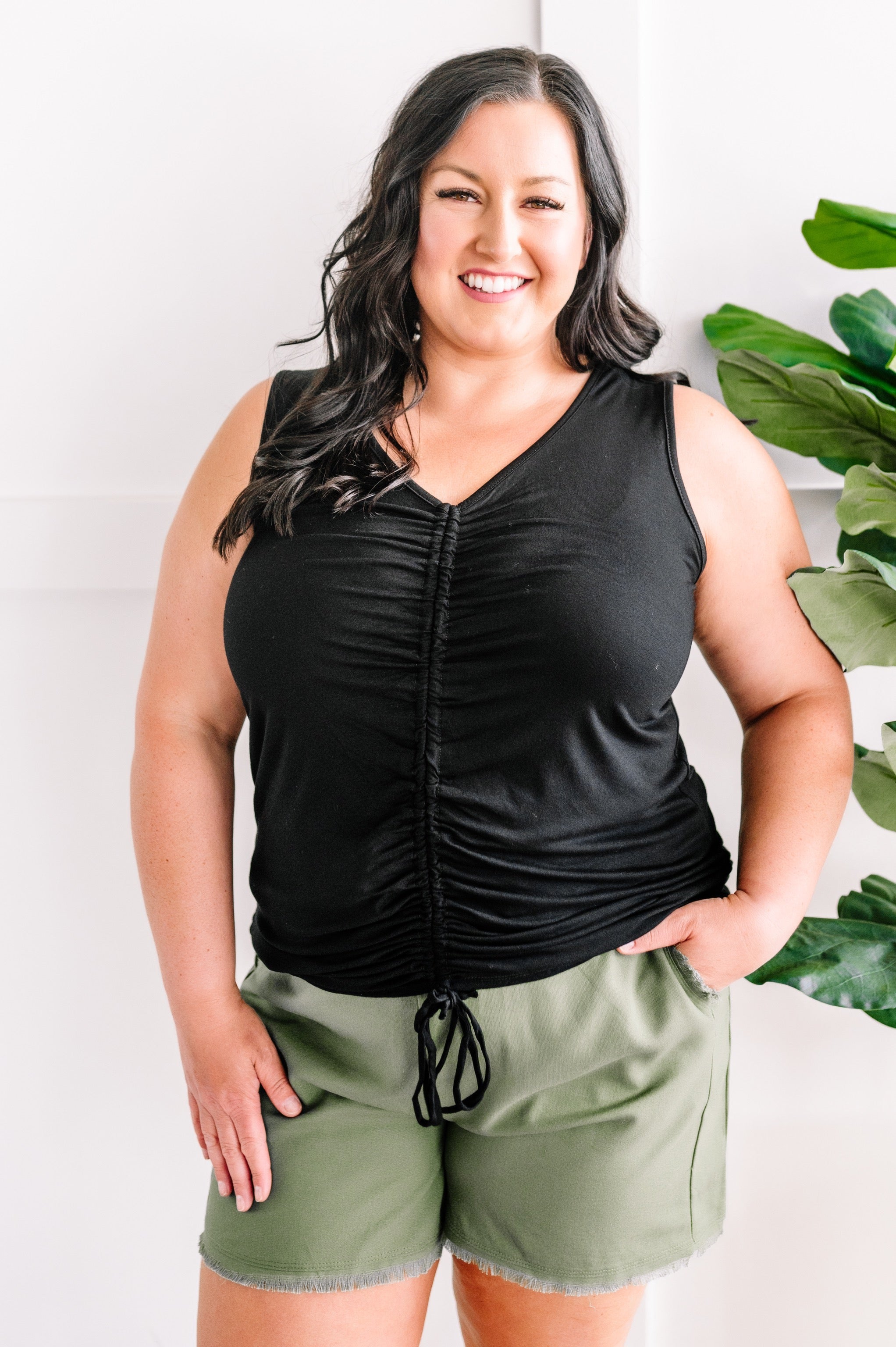 Together At Last Ruched Front Sleeveless Top In Black