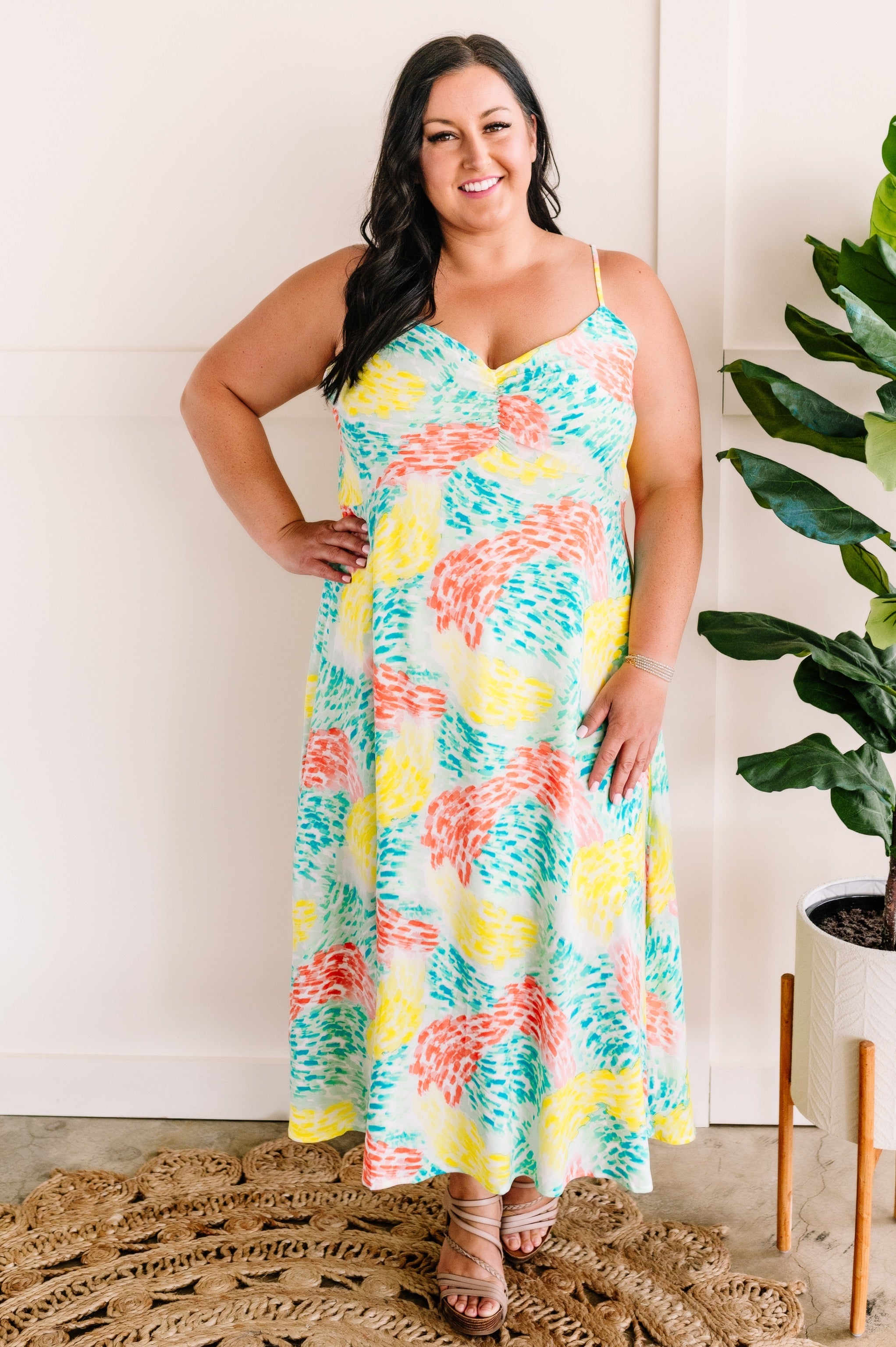 Ruched Front Maxi Dress In Neon Multi