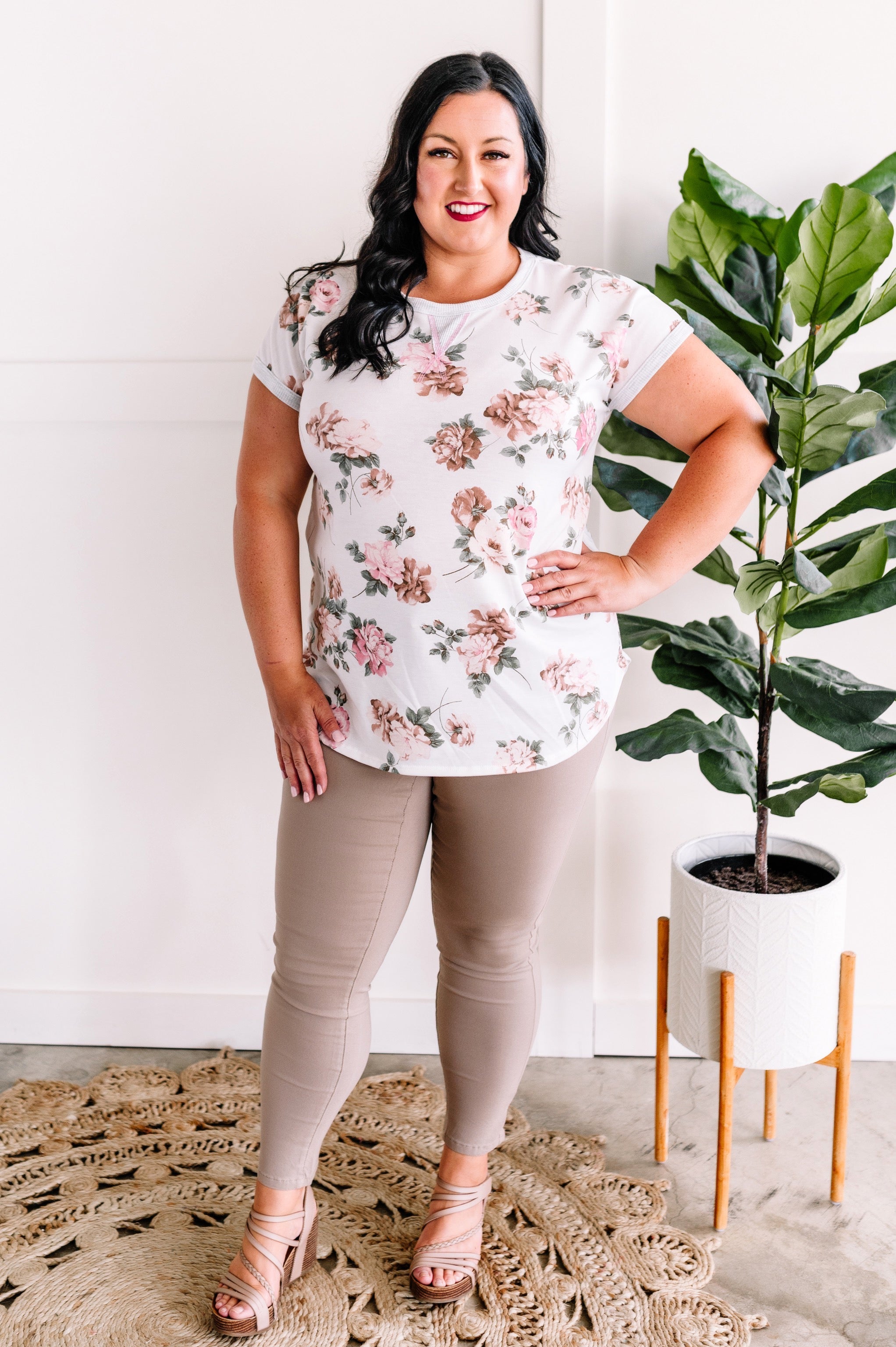 Ivory & Pink Floral Print Top With Gray Contrasting Trim Detail
