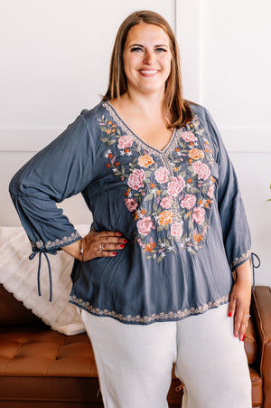 Needle To Thread Embroidered Blouse In Slate By Savanna Jane