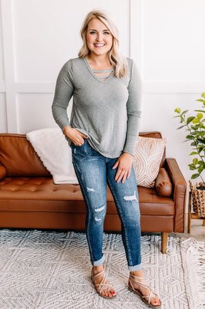 Set The Bar V Neck Top In Muted Rosemary
