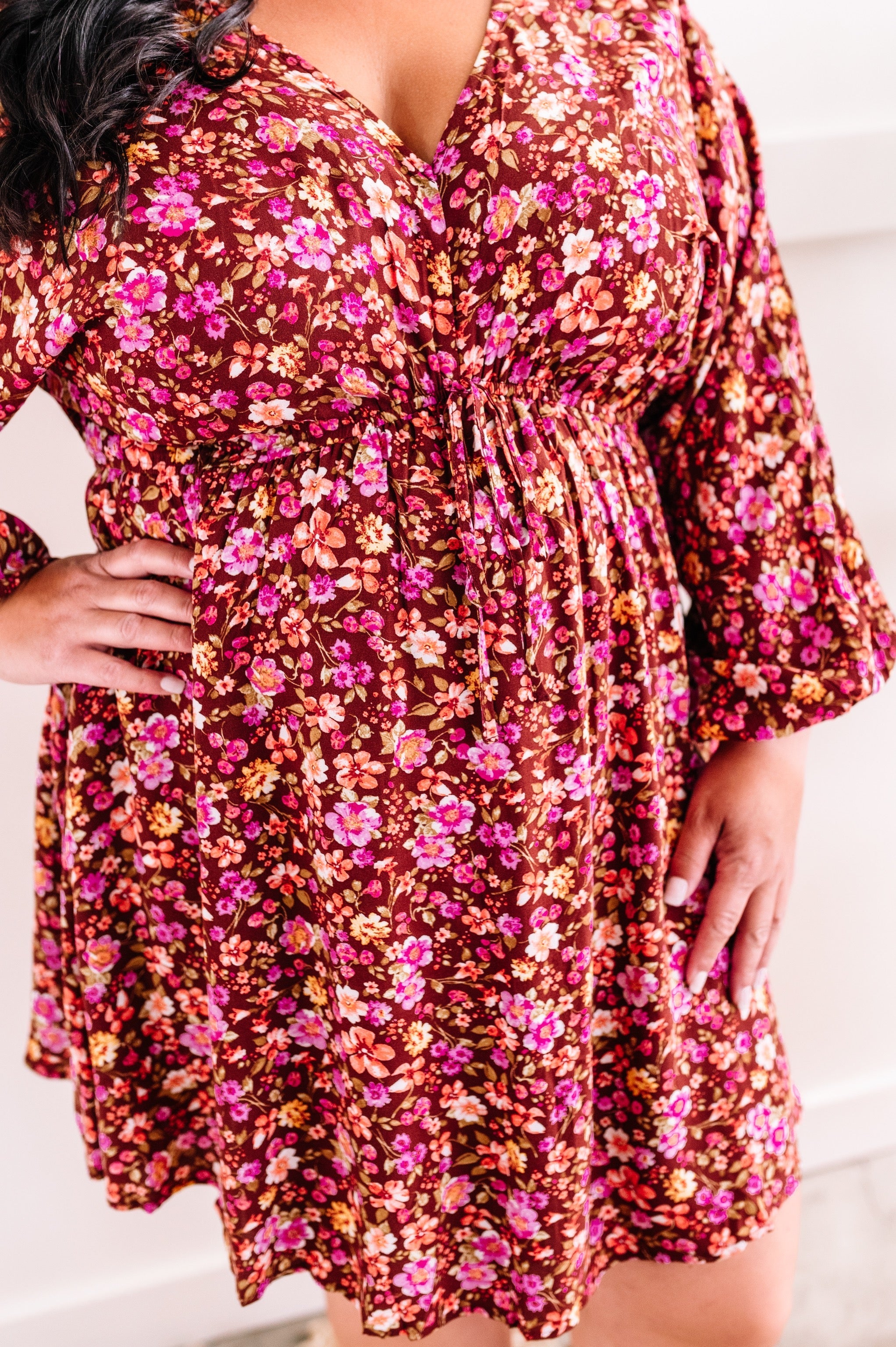 Long Sleeve Tie Front Dress In Warm Florals