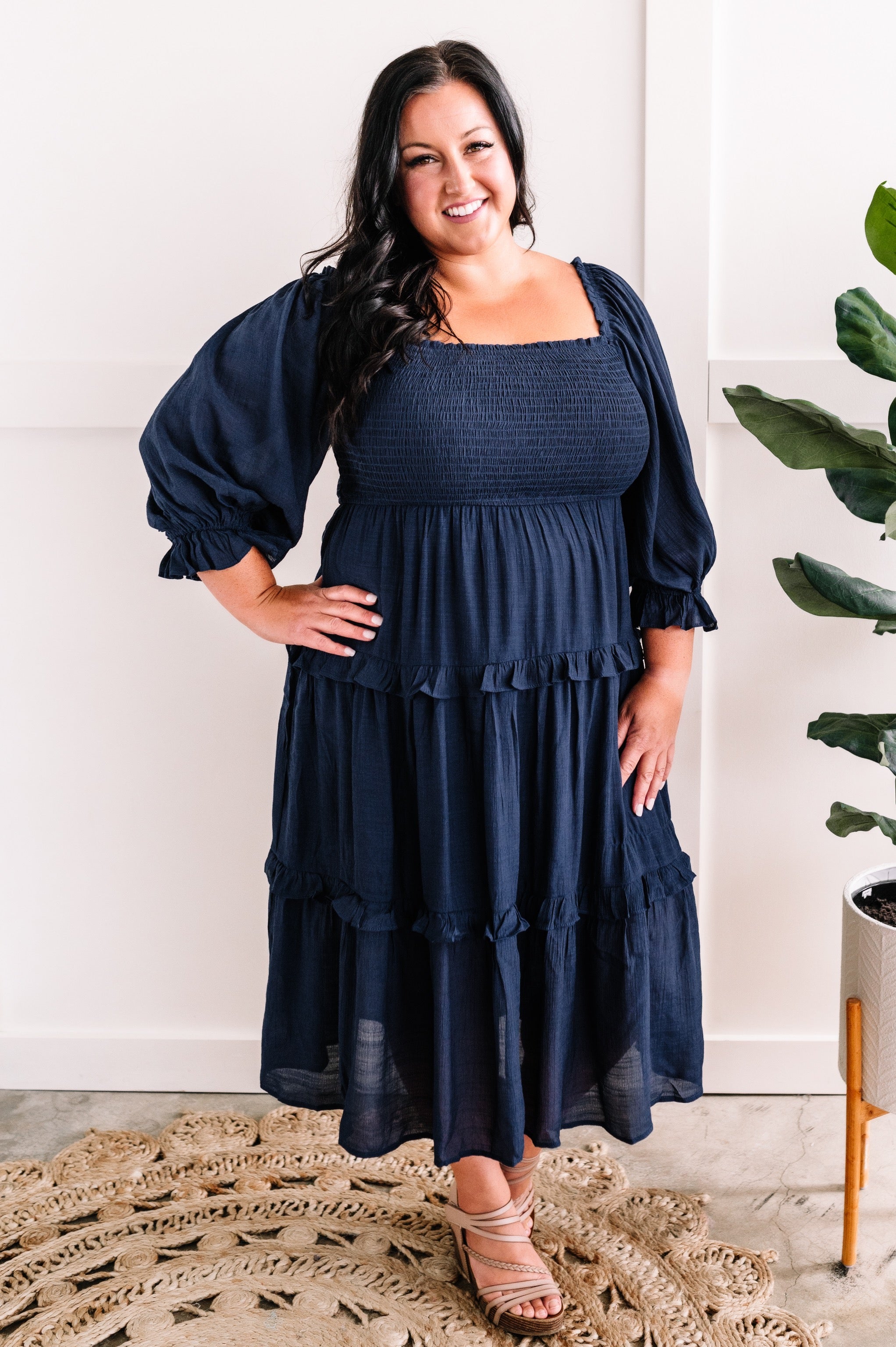 Tiered Maxi Dress With Smocking Detail In Midnight Navy