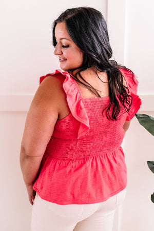 Smocked Sleeveless Top With Ruffle Detail In Watermelon
