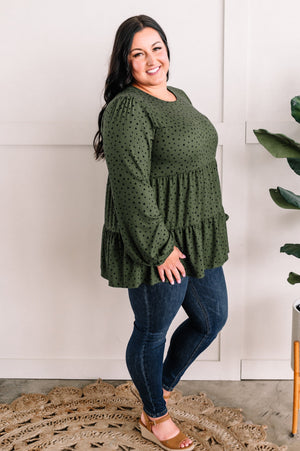Tiered Long Sleeve Top In Olive Polka Dots