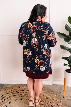 Navy Floral Open Front Cardigan With Pockets