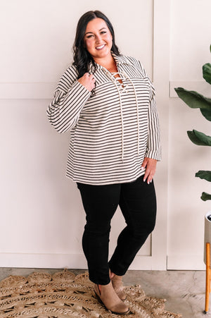 Oversized Lace Up Front Sweater In Ivory & Black Stripes
