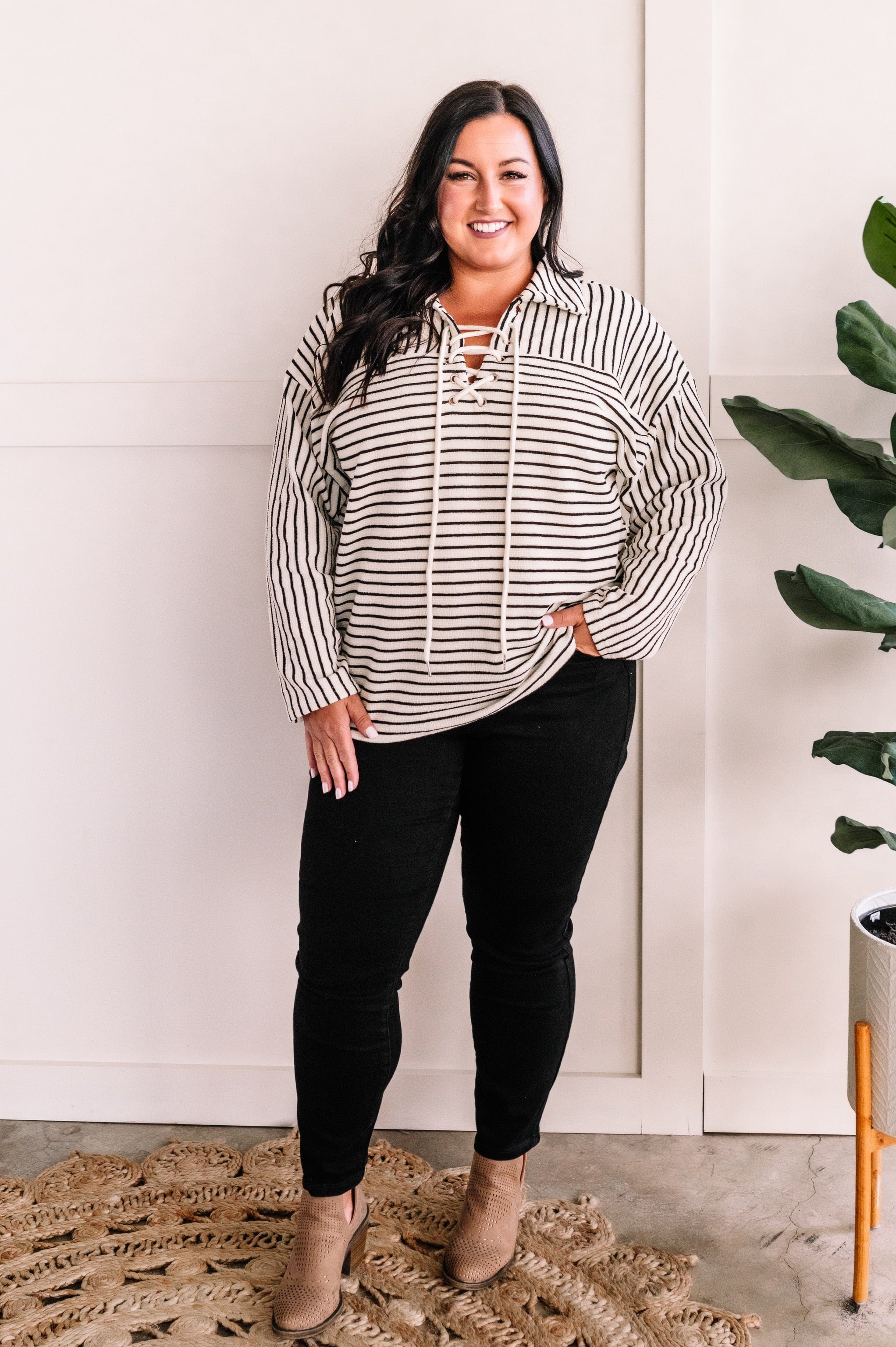 Oversized Lace Up Front Sweater In Ivory & Black Stripes