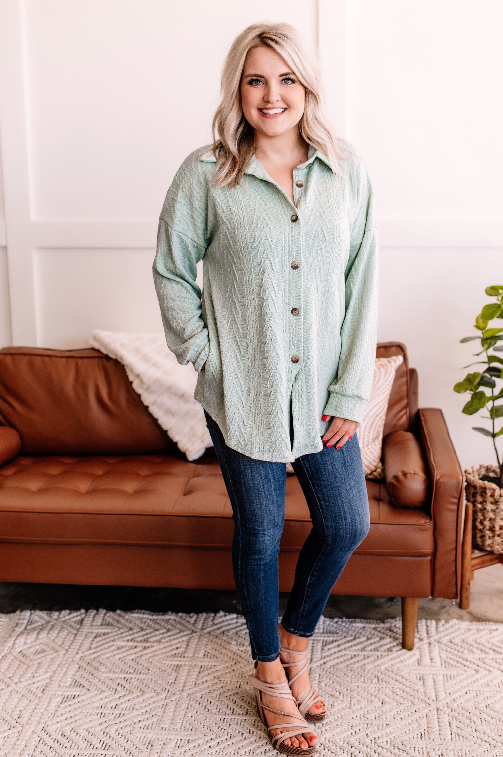 Beyond The Pale Cable Knit Button Down Top In Sage