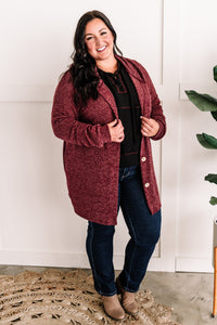 Button Front Hooded Cardigan With Pockets In Heathered Burgundy