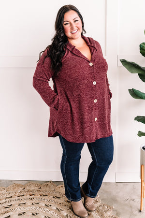 Button Front Hooded Cardigan With Pockets In Heathered Burgundy