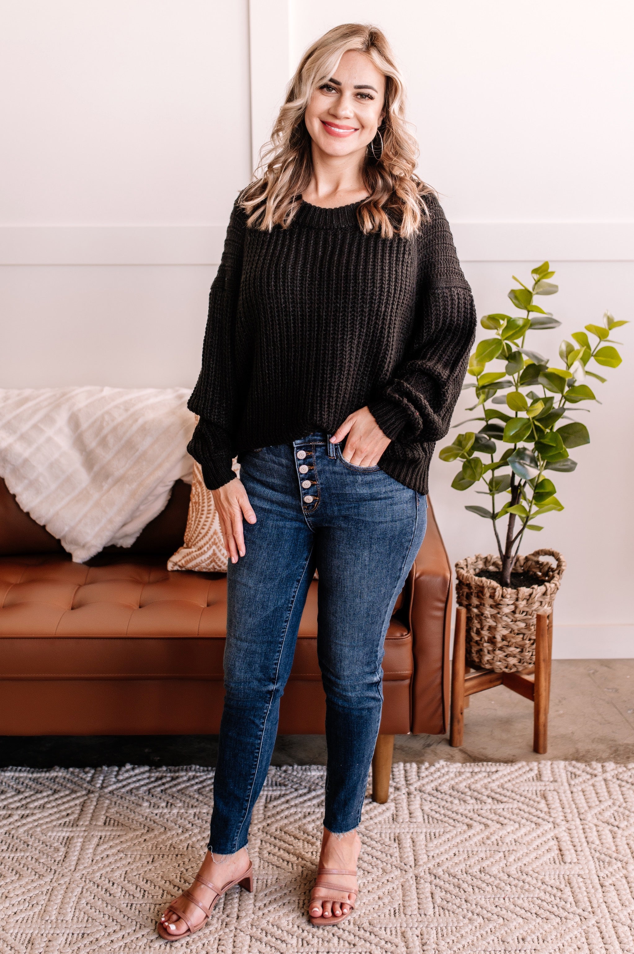 Sweater Than You Cable Knit Sweater In Cozy Black
