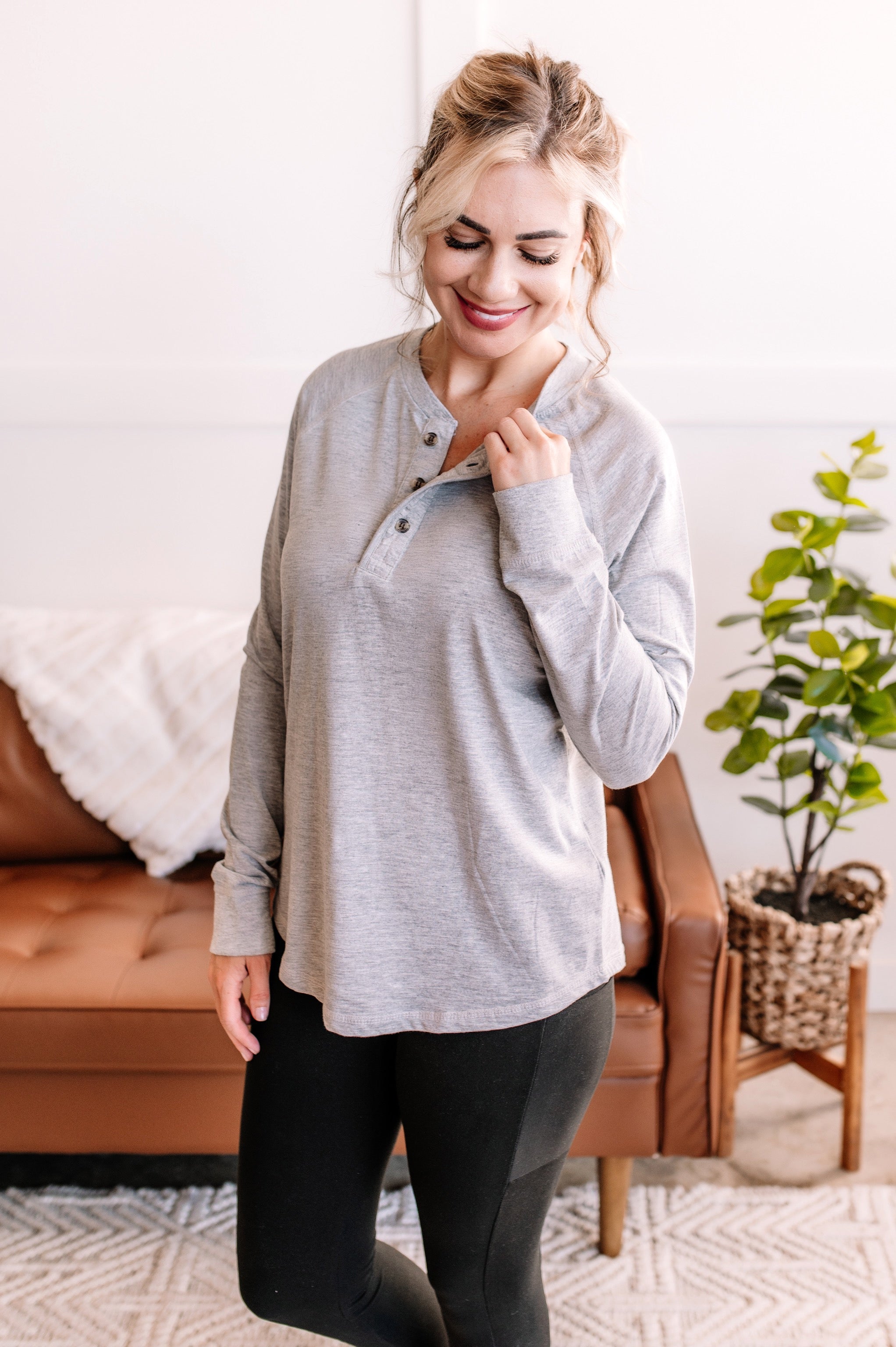 Something Nice To Say Henley Top In Heathered Grey