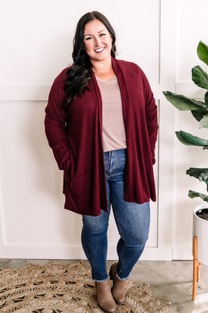 Cashmere Soft Open Front Cardigan With Pockets In Rich Heathered Burgundy