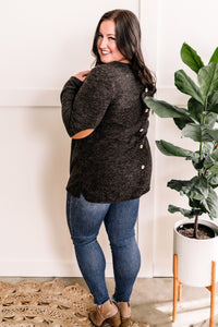 Button Back Top With Elbow Patch Sleeve Detail In Heathered Charcoal
