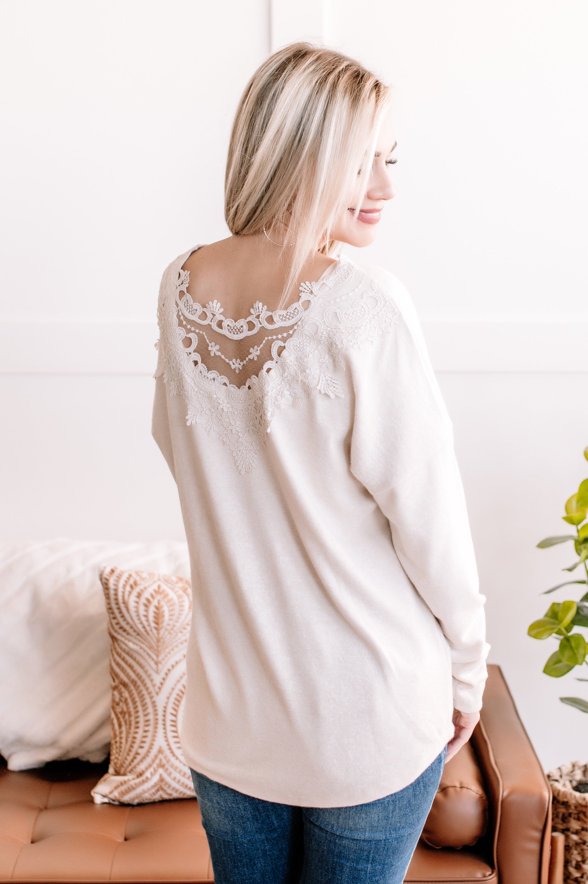Back At You Lace Back Top In Comfy Beige