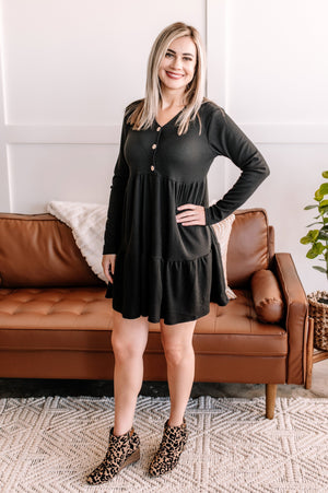 Tier And Far Waffle Knit Dress In Soft Black