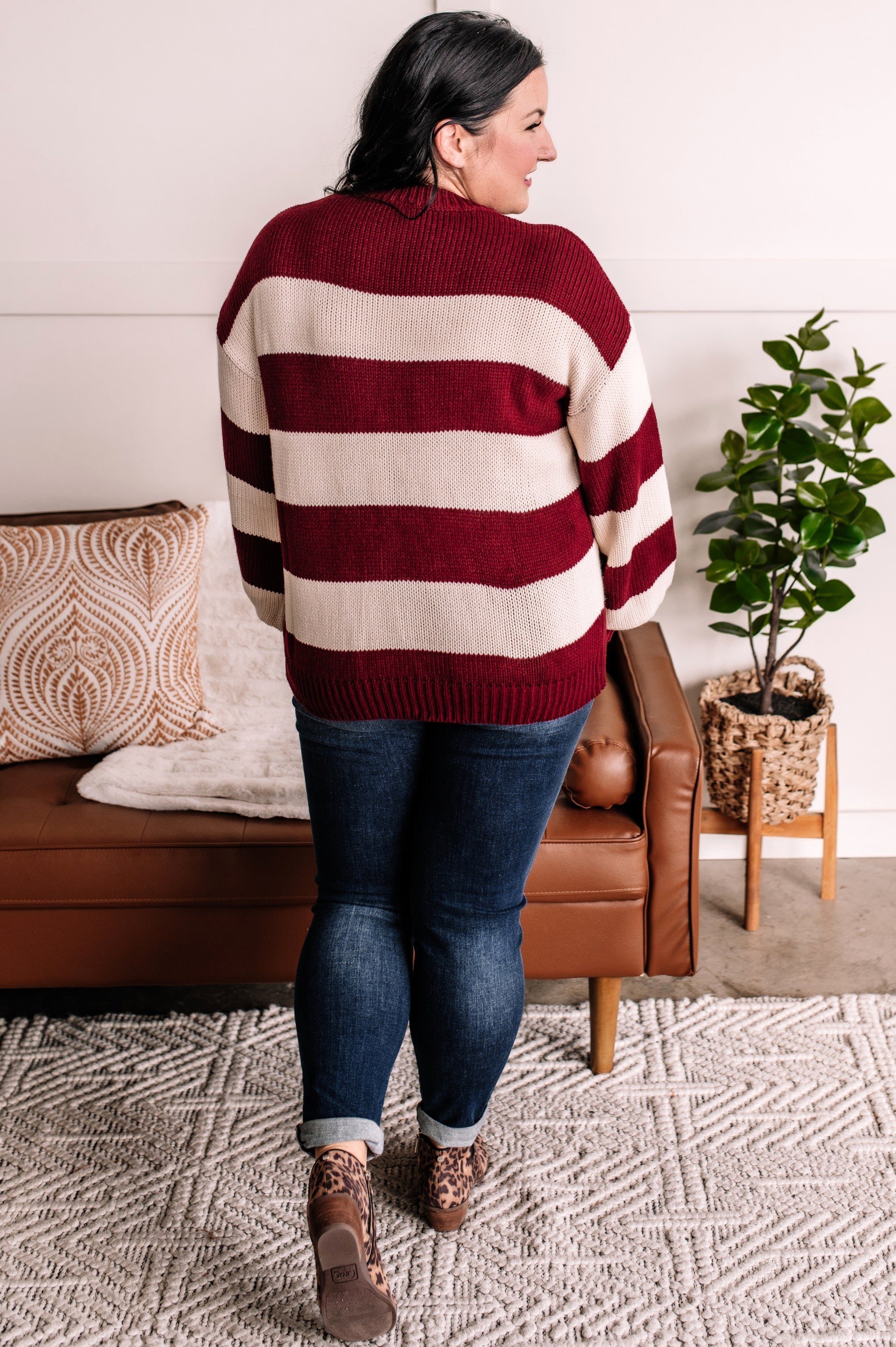 Walk The Line Striped Sweater In Cranberry Fluff
