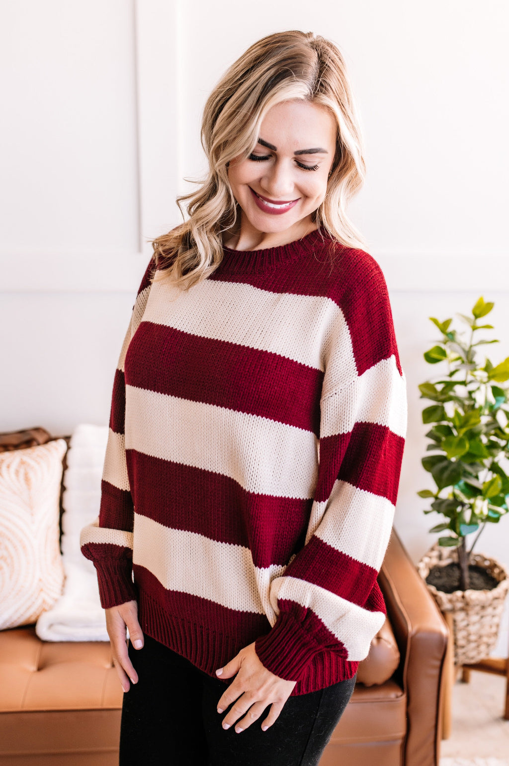Walk The Line Striped Sweater In Cranberry Fluff