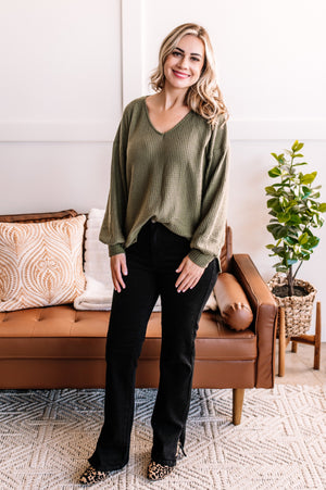 On Repeat Waffle Knit Top In Muted Pine