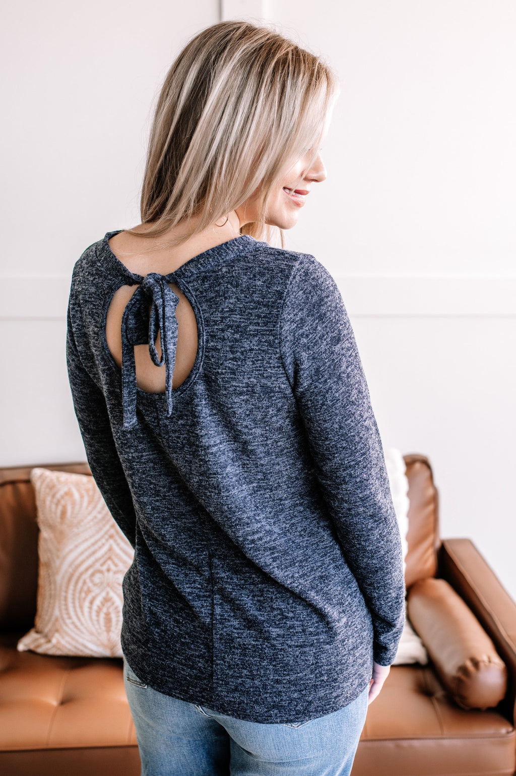 Scratch That Tie Back Top In Heathered Navy