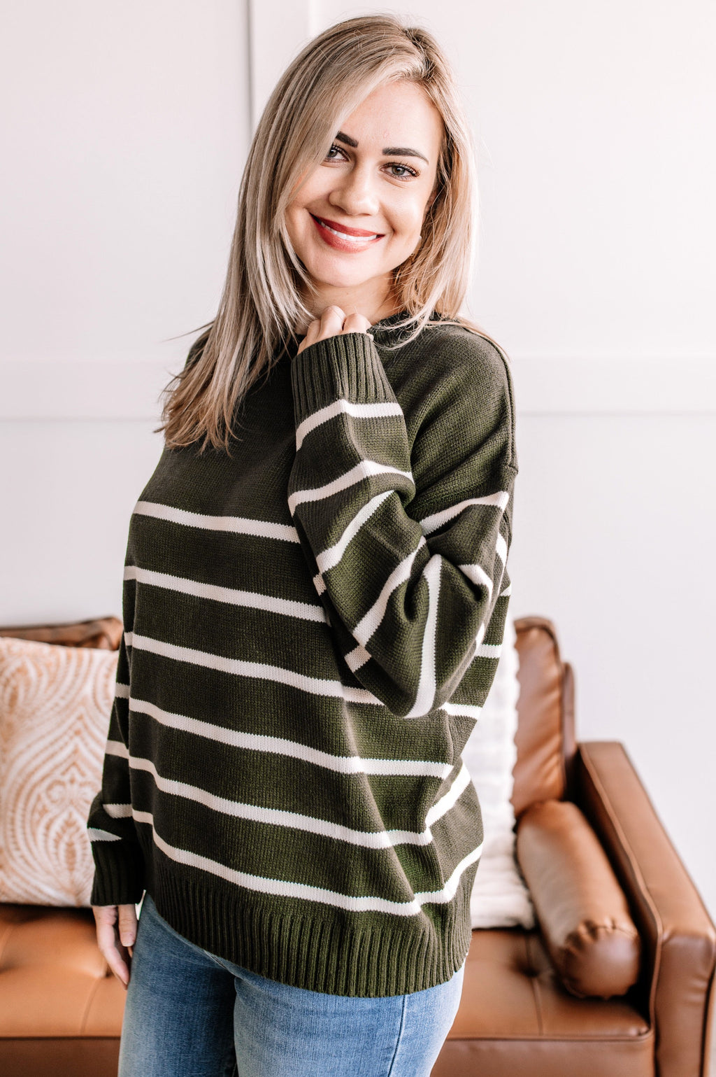 Lines Have Been Drawn Striped Sweater In Olive & Ivory