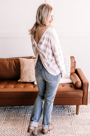 Twisted Words Twist Back Top In Taupe Stripes
