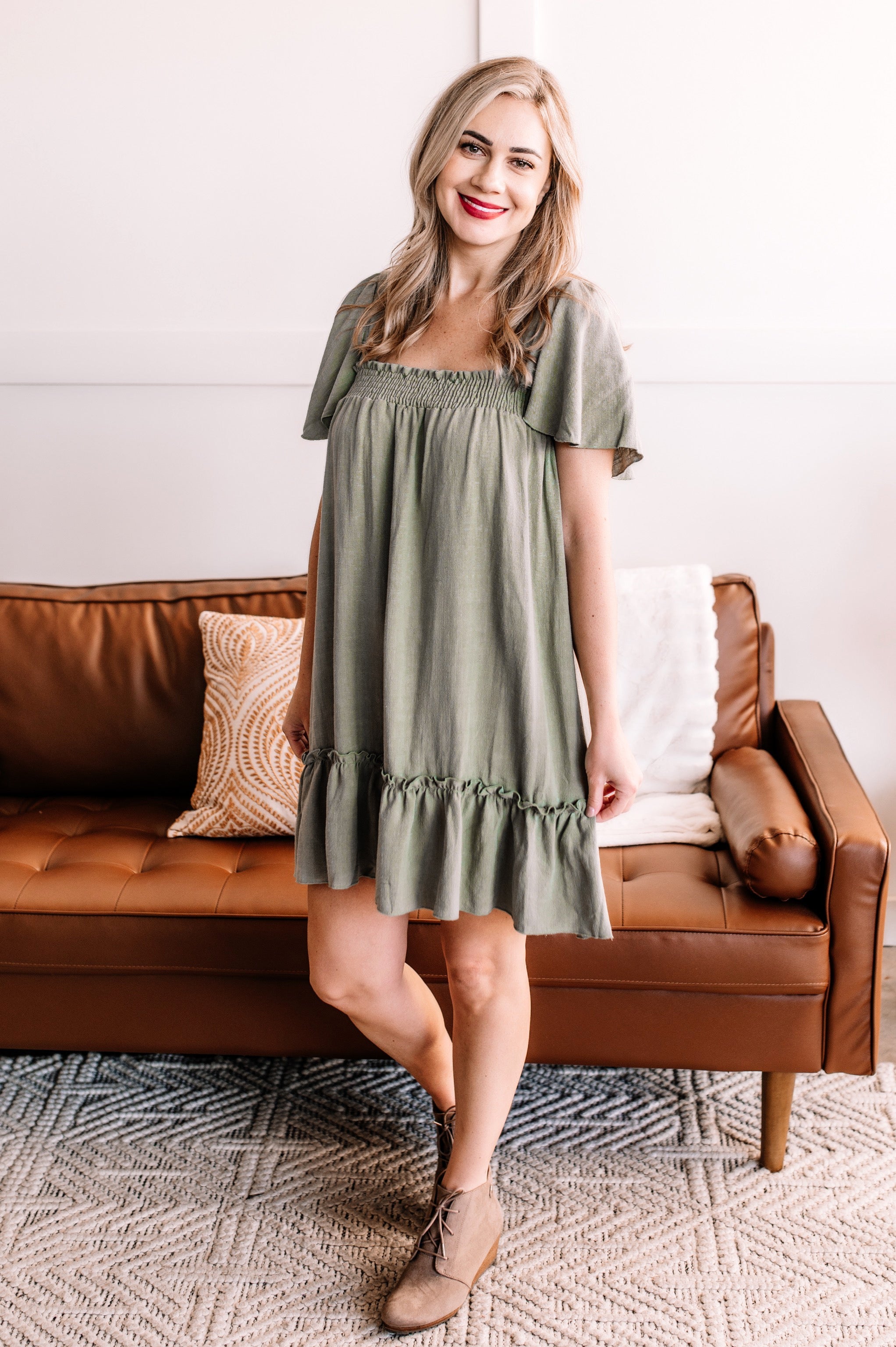 Cruisin' Together Smocked Flutter Sleeve Dress In Willow Tree