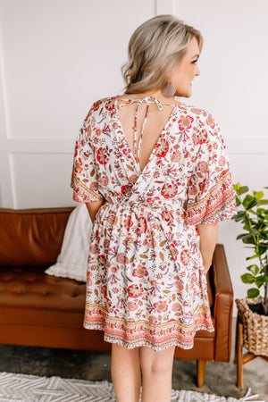 Saving The Best Boho Floral Tie Back Dress in Coral