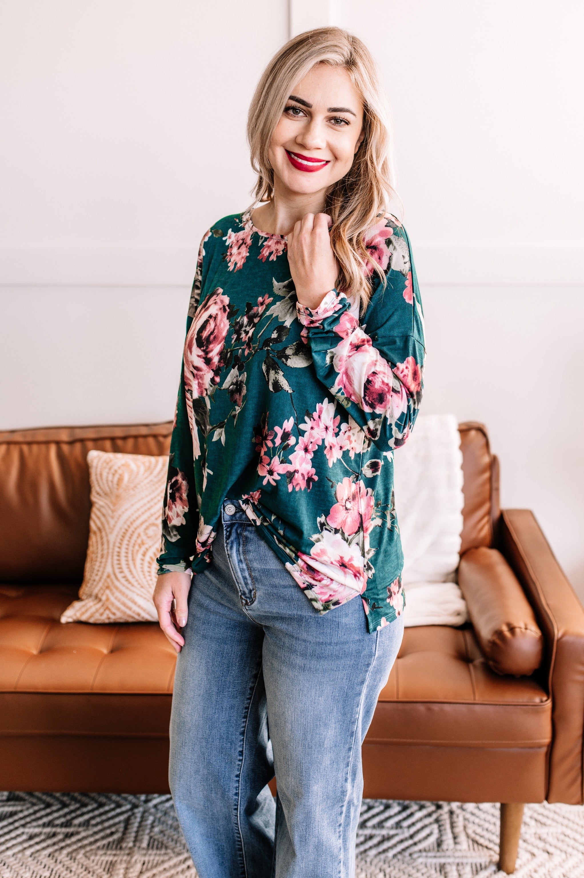 Cross Reference Floral Top In Teal & Mauve