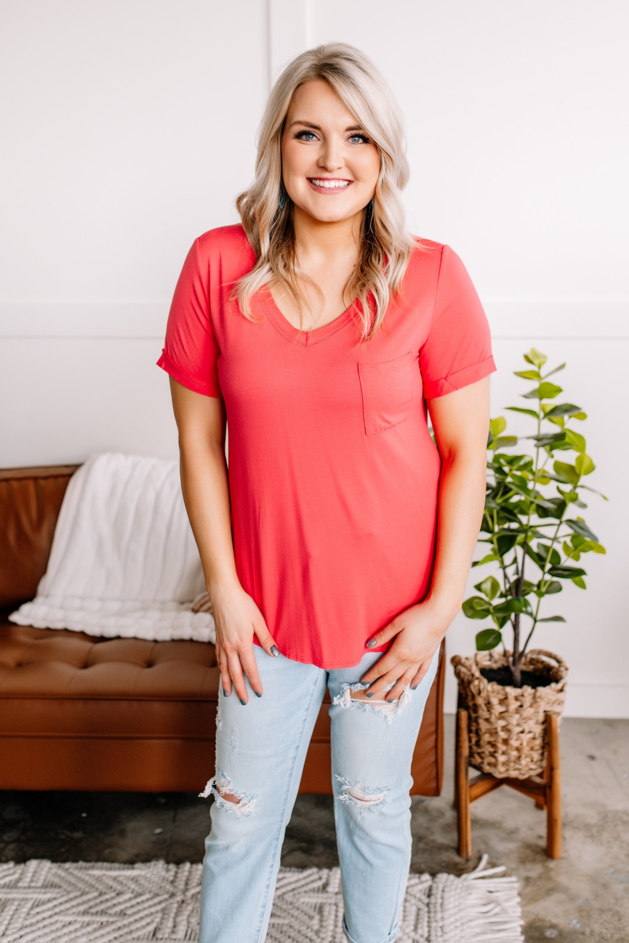 Drawn To You V Neck Short Sleeve Top in Watermelon