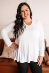 Soft Touch Ribbed V Neck Top With Chest Pocket In Simply White