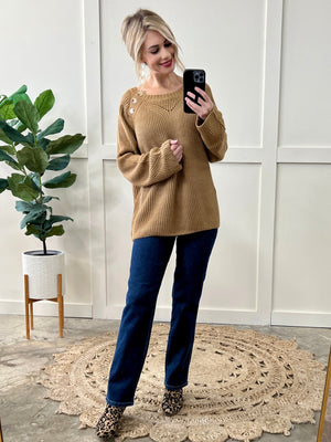 Closing In Button Shoulder Soft Sweater In Toffee